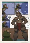 abs anthro barazoku bed bottomwear brown_body brown_fur bulge canid canine canis cloak clothed clothing comic dialogue duo english_text erof_(far_beyond_the_world) eye_contact far_beyond_the_world_(series) fur furniture ghosty_cult green_cloak green_clothing hands_on_hips hi_res jewelry loincloth looking_at_another lying lying_on_bed male mammal multiple_scenes muscular muscular_anthro muscular_arms muscular_male muscular_thighs necklace nipples on_bed on_side page_number pecs pendant shadow silhouette sleeping standing talisin_(far_beyond_the_world) text topless underwear url waking_up wolf wraps wrist_wraps