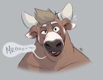  2021 2_horns anthro bovid bovine brown_body brown_hair cattle grey_background hair hi_res horn looking_at_viewer male mammal minedoo minedoo_(character) onomatopoeia open_mouth simple_background solo sound_effects speech_bubble text white_body 