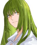  1other androgynous choroi_amachori closed_mouth colored_eyelashes commentary_request enkidu_(fate) fate/grand_order fate_(series) green_hair hair_between_eyes highres light_smile long_hair looking_at_viewer other_focus portrait robe simple_background solo twitter_username white_background white_robe yellow_eyes 