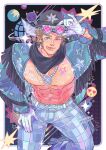  1boy abs absurdres artist_name bara blonde_hair character_name commentary cowboy_hat dated disco_ball emoji frilled_pants frilled_shirt frills gloves guardians_of_the_galaxy hat heart highres jewelry looking_at_viewer male_focus marvel marvel_rivals maygi_mie_ji muscular muscular_male navel necklace nipples one_eye_closed open_clothes open_shirt pants pectorals peter_quill shirt smile star-lord star-lord_(groovy_guardian) star_(symbol) tongue tongue_out untranslatable_commentary white_gloves 