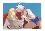  1boy 1girl absurdres alternate_costume animal_ears arm_support bare_legs bikini black_bikini black_hairband blonde_hair blue_background blue_eyes blue_shorts body_markings border brown_sweater_vest caenis_(fate) chinese_commentary closed_mouth collared_shirt commentary_request couch cup dark-skinned_female dark_skin denim denim_shorts drink drinking_glass drinking_straw eye_contact face-to-face fate/grand_order fate_(series) food fruit hair_between_eyes hair_tubes hairband hetero highres holding holding_cup horse_ears ice ice_cube kirschtaria_wodime kneeling lemon lemon_slice long_hair long_sleeves looking_at_another low_ponytail luciaicefish on_couch pants parted_lips ponytail shirt short_shorts shorts simple_background single_hair_tube sitting smile sweater_vest swimsuit tea teacup white_border white_hair white_pants white_shirt 