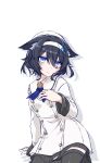  1girl animal_ear_fluff animal_ears asagi501 black_hair black_thighhighs blue_eyes blue_ribbon blush breasts buttons character_request closed_mouth coat commentary_request cowboy_shot double-breasted double-parted_bangs ears_down hair_between_eyes hairband hand_on_own_chest hat highres light_smile long_sleeves medium_breasts medium_hair messy_hair miniskirt neck_ribbon original revision ribbon simple_background sitting skirt skirt_under_coat solo split_mouth thighhighs vrchat white_background white_coat white_hairband white_hat zettai_ryouiki 