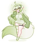  1girl ahoge animal_ears bow breasts ferret_ears ferret_girl ferret_tail fluffy_tail food fruit glasses gradient_hair green_bow green_eyes green_hair green_hairband green_shirt hair_between_eyes hairband highres indie_virtual_youtuber jewelry large_breasts lime_(fruit) lime_slice limealicious limealicious_(cozy) limebreaker limon_(limealicious) looking_at_viewer multicolored_hair necklace paw_print shirt single_off_shoulder single_thighhigh sleeves_past_fingers sleeves_past_wrists socks standing striped_clothes striped_thighhighs thick_thighs thigh_strap thighhighs thighs two-tone_shirt two-tone_tail vinesauce virtual_youtuber white_hair white_shirt white_socks 