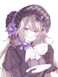  1girl ascot black_bonnet black_bow black_dress black_gloves black_ribbon blush bonnet bow breasts brown_hair commentary_request cup dot_nose dress flower frills gloves hair_flower hair_ornament herta_(honkai:_star_rail) highres honkai:_star_rail honkai_(series) juliet_sleeves light_smile lily_(flower) lolita_fashion long_hair long_sleeves looking_at_viewer medium_breasts multicolored_hair multicolored_ribbon official_alternate_costume puffy_sleeves purple_bow purple_eyes purple_flower purple_ribbon purple_streaks raised_eyebrows ribbon saucer sidelocks simple_background smile solo streaked_hair swept_bangs teacup the_herta_(honkai:_star_rail) the_herta_(tea_break)_(honkai:_star_rail) uiqigz upper_body white_ascot white_background x_hair_ornament 