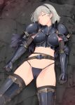  1girl armor armored_boots armored_legwear belt belt_buckle black_armor black_hairband black_knightess_(kirishima_satoshi) boobplate boots breastplate brown_gloves buckle cameltoe cape closed_eyes commentary_request cracked_armor elbow_gloves gauntlets gloves greaves grey_hair hairband kirishima_satoshi knight leg_armor lying navel on_back original panties pauldrons poleyn short_hair shoulder_armor solo super_highleg unconscious underwear vambraces 