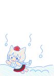  :3 absurdres animal_ears barefoot black_skirt blue_eyes blue_outline chibi chibi_only closed_mouth commentary_request hat highres inubashiri_momiji namonakisamurai outline outstretched_arms partial_commentary pom_pom_(clothes) red_hat red_skirt shirt short_hair skirt sleeveless sleeveless_shirt snow snowing tail tokin_hat touhou two-tone_skirt white_hair white_shirt wolf_ears wolf_girl wolf_tail 