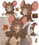  1girl animal_ears brown_hair brown_shirt buck_teeth collared_shirt genderswap genderswap_(mtf) highres humanization jerry_(tom_and_jerry) long_hair looking_at_viewer morgzkun mouse_ears mouse_girl mouse_tail screenshot_inset shirt shrugging tail teeth tom_and_jerry twitter_username upper_teeth_only 