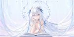  1girl absurdres azur_lane blue_eyes book breasts character_name commentary double_bun elbow_rest galodos hair_bun hair_ornament head_rest highres jewelry le_malin_(azur_lane) light_blush long_hair looking_at_viewer parted_lips ring small_breasts solo very_long_hair white_hair 