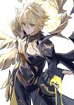  1boy absurdres asymmetrical_wings black_wings blonde_hair closed_mouth commentary_request cracked_skin expressionless h2o_omizu hair_between_eyes halo halo_behind_head highres honkai:_star_rail honkai_(series) looking_at_viewer male_focus material_growth phainon_(honkai:_star_rail) phainon_(khaslana)_(honkai:_star_rail) short_hair simple_background solo white_background wings yellow_blood yellow_eyes yellow_halo yellow_wings 