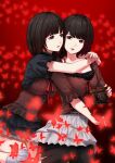  2girls absurdres amakura_mayu amakura_mio bandaged_leg bandages belt belt_buckle black_belt black_camisole black_hair black_leggings black_shirt black_skirt bob_cut breasts brown_camisole brown_eyes brown_shirt buckle bug butterfly buttons camera camisole camisole_over_clothes cheek-to-cheek commentary_request fatal_frame fatal_frame_ii:_crimson_butterfly feet_out_of_frame fingernails frilled_camisole frilled_sleeves frills gradient_background hands_up heads_together highres holding holding_camera hug hug_from_behind invisible_chair layered_skirt leggings looking_ahead looking_at_viewer medium_breasts miniskirt mononoke_(pixiv53597254) multiple_girls parted_lips red_background red_butterfly red_ribbon ribbon seiza shirt short_hair short_sleeves siblings sisters sitting skirt three-quarter_sleeves too_many too_many_butterflies twins variant_set white_skirt 