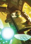  1boy absurdres bed blonde_hair book cameo child's_drawing commentary company_connection deku_scrub deku_shield drawing_(object) english_commentary envelope fairy flower goron hat highres indoors link male_focus navi pikachu pokemon pokemon_(creature) revision ry-spirit shield slingshot_(weapon) slippers stuffed_toy sword the_legend_of_zelda the_legend_of_zelda:_ocarina_of_time triforce vase waking_up weapon white_flower wooden_shield wooden_sword young_link 
