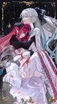  2girls absurdres adoptive_parent_and_adoptive_child baobhan_sith_(fate) baobhan_sith_(third_ascension)_(fate) black_background black_bow black_gloves bleeding blood blood_from_mouth blood_on_body blood_on_clothes blood_on_face blue_eyes blue_hair boots border bow braid choroi_amachori clenched_teeth colored_eyelashes commentary_request dress drill_hair facial_mark fate/grand_order fate_(series) gloves gradient_hair grey_eyes grey_hair hair_between_eyes hair_bow hair_intakes half_up_braid hand_on_another's_head high_ponytail highres hug knees_up lace-up_boots long_sleeves looking_ahead morgan_le_fay_(fate) morgan_le_fay_(queen_of_winter)_(fate) mother_and_child mother_and_daughter multicolored_hair multiple_girls ornate_border panties pantyshot parent_and_child parted_lips pointy_ears ponytail red_hair sitting spikes stole tearing_up teeth thigh_boots underwear white_boots white_dress white_panties 