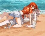  1boy 1girl ahoge assertive_female beach belt between_legs blue_eyes blush bracelet choroi_amachori clenched_hand commentary_request cropped_shirt crown day fate/grand_order fate_(series) floral_print floral_print_shirt front-tie_top fujimaru_ritsuka_(female) fujimaru_ritsuka_(female)_(tropical_summer) girl_on_top grey_hair hair_between_eyes hair_ornament hair_scrunchie hawaiian_shirt hetero hibiscus_print highres jacket jewelry kneeling leg_between_thighs looking_at_viewer lying medium_hair midriff oberon_(fate) oberon_(refreshing_summer_prince)_(fate) ocean on_back one_side_up open_mouth orange_hair orange_scrunchie orange_shirt outdoors outstretched_arm sand sandals scrunchie shirt short_shorts short_sleeves shorts sweat teeth three-quarter_sleeves tied_shirt unworn_crown upper_teeth_only water white_belt white_jacket white_shorts yukadon 