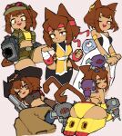  1girl absurdres animal_ears ass blush brown_hair cat_ears cat_girl cat_tail cowgirl_(western) crop_top furry furry_female gameoverse gauntlets goggles goggles_on_head headband highres kaboodle_(gameoverse) kit_(gameoverse) official_alternate_costume official_alternate_hairstyle one_eye_closed red_eyes red_headband restrained robot scene_reference seion shorts smile swimsuit tail yellow_gauntlets 