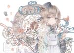 1girl apron aqua_eyes aqua_kimono back_bow black_bow black_hat black_ribbon bow braid brooch brown_hair bug butterfly clock commentary_request eyelashes gears hair_ribbon hand_up hat highres japanese_clothes jewelry kimono long_hair long_sleeves maid maid_apron marker_(medium) neck_ribbon original paruno plant ribbon short_hair solo traditional_media tsurime twintails upper_body wa_maid watermark white_apron wide_sleeves 