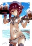  1girl absurdres alcohol apron beer beer_mug bikini black_legwear blue_sailor_collar blue_sky brown_eyes cloud commentary_request cup flat_chest frilled_bikini frills fyuo highres horizon kantai_collection lowleg lowleg_bikini maid_bikini mug ocean red_hair sailor_bikini sailor_collar short_hair sky solo swimsuit thighhighs tray waist_apron white_bikini z3_max_schultz_(kancolle) 