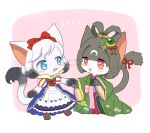  2girls :3 :d animal_ears black_hair blue_dress blue_eyes blush boots border bow brown_boots cat_busters cat_ears cat_girl cat_tail chibi chibi_only chibikemo commentary_request crescent dress facial_mark forehead_mark full_body furry furry_female green_hair green_kimono hair_bow hair_ornament hair_ribbon hair_rings high_collar holding_hands japanese_clothes kaguya_(cat_busters) kimono leaf_hair_ornament lolita_fashion multicolored_dress multicolored_hair multiple_girls pink_background pink_eyes puffy_short_sleeves puffy_sleeves red_ribbon ribbon shirayuki_(cat_busters) short_hair short_sleeves simple_background slit_pupils smile standing tail tail_ornament tail_ribbon two-tone_hair wataboshi white_border white_dress white_hair 