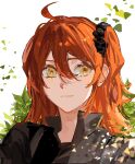  1girl ahoge black_jacket black_scrunchie choroi_amachori closed_mouth collared_jacket commentary_request fate/grand_order fate_(series) fujimaru_ritsuka_(female) fujimaru_ritsuka_(female)_(polar_chaldea_uniform) hair_between_eyes hair_ornament hair_scrunchie highres jacket leaf light_smile looking_at_viewer medium_hair one_side_up orange_hair popped_collar portrait scrunchie solo white_background yellow_eyes 
