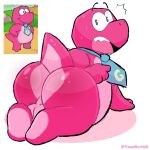 accessory anthro backsack balls bodily_fluids butt dinosaur gameoverse genitals glitch_productions gobbles_(gameoverse) hi_res looking_back magenta_body male necktie pink_body prehistoric_species rear_view reptile scales scalie solo surprised sweat tombutad