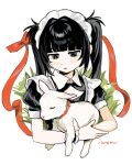  1girl 1other animal apron artist_name baby_animal black_hair blunt_bangs clothing_cutout collar commentary_request cropped_torso dot_nose frilled_apron frills grey_eyes highres holding holding_animal iwonu lamb light_blush long_hair looking_at_animal maid maid_apron maid_headdress open_mouth original puffy_short_sleeves puffy_sleeves red_collar red_ribbon ribbon sheep short_sleeves simple_background twintails white_background white_collar white_trim wing_collar 