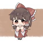  1girl ascot back_bow blush bow brown_eyes brown_hair chibi chibi_only commentary_request detached_sleeves eating food frilled_bow frilled_hair_tubes frills full_body hair_bow hair_tubes hakurei_reimu highres long_hair multi-source_commentary red_bow red_skirt skirt skirt_set solo steamed_bun touhou twitter_username uzuki_(amayadori) yellow_ascot 