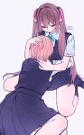  2girls absurdres black_dress blue_ribbon blush brown_hair closed_mouth commentary_request dress grey_background hair_ribbon hand_on_another's_head highres hug long_hair multiple_girls neck_ribbon original pinafore_dress pink_hair pink_ribbon red_eyes ribbon school_uniform shirt short_hair simple_background sleeveless sleeveless_dress smile twintails valentine_(02140314c) white_shirt yuri 