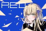  1girl black_necktie black_suit blonde_hair braid commentary_request cosmetics green_eyes hair_ribbon heaven_burns_red highres holding holding_lipstick_tube lipstick lipstick_tube looking_at_viewer makeup miyake_igd necktie ribbon suit toujou_tsukasa toujou_tsukasa_(secret_service's_silencer) upper_body white_ribbon 