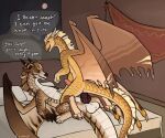 absurd_res back_wings balls bedroom blush blush_lines dialogue dragon duo feral genitals hi_res jewelry knot kuueen male male/male mocha_(frost_the_icewing) multicolored_body mythological_creature mythological_scalie mythology rear_view riding royalty sandwing_(wof) scalie siro_(winderside) two_tone_body wings wings_of_fire yellow_body