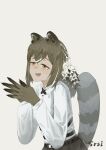  1girl 24ersi absurdres animal_ears animal_hands arknights artist_name black_shorts breasts brown_hair cross_tie freckles highres medium_breasts multicolored_hair open_mouth raccoon_ears raccoon_girl raccoon_tail robin_(arknights) shirt shorts smile solo tail white_background white_hair white_shirt yellow_eyes 