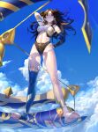  1girl absurdres anklet barefoot black_gloves black_hair blue_sky breasts bridal_gauntlets cloud day earrings elbow_gloves fate/grand_order fate_(series) gloves hand_on_hip heavenly_boat_maanna highres hoop_earrings ishtar_(fate) ishtar_(fate)_(all) jewelry long_hair medium_breasts midriff navel red_eyes single_elbow_glove single_thighhigh sky soles solo thighhighs toes wow+ 