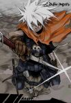 1boy bandaged_arm bandages belt black_eyes black_sclera black_shirt black_shoes brown_gloves brown_shorts cape closed_mouth colored_sclera dark-skinned_male dark_skin desert english_text from_above gloves hair_between_eyes heterochromia highres holding holding_sword holding_weapon male_focus nu_punxxxz orange_cape orange_eyes original pointy_ears print_shirt scar scar_across_eye scar_on_face sheath sheathed shirt shoes short_sleeves shorts skull_print sneakers solo spiked_hair sword utility_belt weapon white_hair 