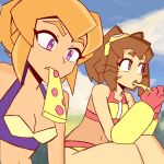  2girls animal_ears blonde_hair breasts brown_hair cat_ears cat_girl cleavage cloud commentary eating food food_in_mouth gameoverse gauntlets holding holding_food holding_pizza kit_(kart_prowler) miss_information_(gameoverse) multiple_girls nanobunny navel pink_eyes pizza purple_eyes sitting swimsuit untranslatable_commentary whiskers yellow_gauntlets 