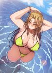  1girl bikini blonde_hair bracelet breasts cleavage dutch_angle from_above green_bikini heart heart_necklace highres jewelry korotsuke large_breasts long_hair navel ocean original partially_submerged shallow_water swimsuit water wet wet_hair yellow_eyes 