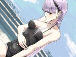  1girl ak-alfa_(girls'_frontline) alternate_hair_color bare_shoulders black_one-piece_swimsuit blurry blurry_background breasts brown_eyes closed_mouth collarbone commentary girls'_frontline girls'_frontline_2:_exilium hand_on_own_stomach highres light_blush long_hair looking_at_viewer medium_breasts official_alternate_costume one-piece_swimsuit purple_hair sidelocks simple_background sitting solo swimsuit tololo_(celestial_river_at_dusk)_(girls'_frontline_2) tololo_(girls'_frontline_2) umano_sora upper_body 