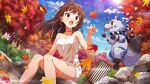  1girl :o ahoge animal autumn autumn_leaves breasts brown_hair card_commentary commentary_request day falling_leaves floating_hair forest fox game_asset hair_down idolmaster idolmaster_million_live! idolmaster_million_live!_theater_days key leaf long_hair naked_towel nature official_alternate_hairstyle official_art open_mouth outdoors purple_eyes sitting soaking_feet solo sunlight surprised theft third-party_source towel tree yokoyama_nao 
