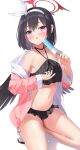  1girl armpits bare_shoulders bikini bikini_skirt black_bikini black_choker black_hair blue_archive choker collarbone dripping fang feathered_wings food frilled_bikini frills halo halterneck highres holding jacket kneeling kyonta looking_at_viewer mashiro_(blue_archive) midriff navel off_shoulder open_clothes open_jacket open_mouth pink_jacket popsicle purple_eyes short_hair simple_background slippers solo stomach sweatdrop swimsuit thighs white_background wings 