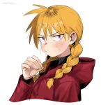  1girl absurdres blonde_hair blush closed_mouth commentary_request cropped_torso gabu_(yomi_no_tsugai) hand_up highres hood hood_down long_hair looking_at_viewer low-tied_long_hair low_twintails myaoooo pinching pout purple_eyes slit_pupils solo spiked_hair sweat turtleneck twintails upper_body yomi_no_tsugai 