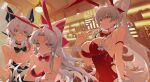  3girls absurdres alternate_costume animal_ear_hairband animal_ears bare_shoulders black_bow black_bowtie black_horns black_leotard blue_eyes bow bowtie breasts carlotta_(wuthering_waves) closed_mouth curled_horns detached_collar earrings fake_animal_ears grey_hair hair_between_eyes hair_bow hairband highres hiyuki_(wuthering_waves) horns indoors jewelry key_earrings large_breasts leotard liudaohai6001 long_hair looking_at_viewer medium_breasts mole mole_under_eye multiple_girls parted_bangs playboy_bunny rabbit_ear_hairband rabbit_ears red_bow red_bowtie red_eyes red_leotard striped_bow very_long_hair wrist_cuffs wuthering_waves zani_(wuthering_waves) 