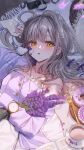  1girl absurdres bandaid bandaid_on_cheek bandaid_on_face bandaid_on_shoulder bird bird_nest blush book bow breasts camera carpet commentary_request cup donut eyeshadow flower food fork from_above gold_fork grey_hair grey_wings hair_bow hair_over_shoulder halterneck head_wings highres indoors jewelry lavender_(flower) long_hair long_sleeves looking_at_viewer lying makeup medium_breasts on_back on_ground open_book original parted_lips pendant purple_eyeshadow purple_flower purple_nails purple_shirt satori_suzuha shirt solo strap_slip swept_bangs tea teacup watch white_bird wings wristwatch yellow_eyes 