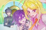  1girl 2boys ahoge akamatsu_kaede black_hair black_jacket blonde_hair blush breasts buttons checkered_clothes checkered_scarf collared_jacket collared_shirt commentary danganronpa_(series) danganronpa_v3:_killing_harmony excited eyelashes flipped_hair hair_between_eyes hair_ornament highres jacket long_hair long_sleeves looking_at_viewer medium_hair multiple_boys musical_note musical_note_hair_ornament necktie oma_kokichi open_mouth orange_necktie pink_eyes pink_sweater_vest pink_vest purple_eyes saihara_shuichi scarf school_uniform selfie shirt short_hair smile sweater_vest teeth two-tone_scarf ulysseka upper_body vest white_shirt yellow_eyes 