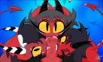 absurd_res big_butt black_hair black_horn blue_background butt demon demon_humanoid eyelashes fellatio female first_person_view front_view genitals grey_hair group hair hair_over_eye hellaverse helluva_boss hi_res horn horned_humanoid humanoid imp kerchief licking lin_(helluva_boss) looking_at_viewer male male/female millie_(helluva_boss) nude one_eye_closed oral penile penis penis_bite penis_lick red_body sallie_may_(helluva_boss) sex simple_background spade_tail striped_horn stripes tail tailed_humanoid tongue tongue_out toughtips white_horn wink winking_at_viewer yellow_sclera