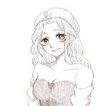  1girl bare_shoulders braid breasts cleavage commentary commission curtained_hair detached_sleeves dress english_commentary greyscale grin hachikou_nameko half_up_braid happy hatching_(texture) long_hair looking_to_the_side medium_breasts monochrome no_scar off-shoulder_dress off_shoulder parted_bangs princess princess_(slay_the_princess) puffy_short_sleeves puffy_sleeves redesign short_sleeves skeb_commission sketch slay_the_princess smile solo the_thorn_(slay_the_princess) tiara upper_body 