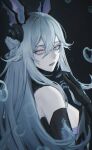  1girl arm_fins blue_hair blue_lips breasts bubble clam_shell_ornament closed_mouth crossed_bangs fins from_side gi_ra1 hair_between_eyes hand_up head_fins highres lamia:_lost_lullaby_(pgr) lamia_(pgr) large_breasts long_hair looking_at_viewer merfolk mermaid monster_girl punishing:_gray_raven purple_eyes solo turning_head upper_body 