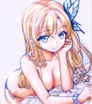  1girl bare_shoulders bed_sheet bent_over bikini blonde_hair blue_butterfly blue_eyes boku_wa_tomodachi_ga_sukunai breasts bug butt_crack butterfly butterfly_hair_ornament cleavage closed_mouth collarbone commentary_request cowboy_shot elbow_rest hair_ornament halterneck highres kashiwazaki_sena large_breasts long_hair looking_at_viewer official_artist_extra scrunchie side-tie_bikini_bottom simple_background smile solo swimsuit watanabe_yoshihiro wrist_scrunchie 