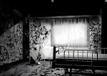  1girl bed chaos;child greyscale hair_ribbon highres hospital hospital_bed hospital_gown indoors long_hair long_sleeves monochrome official_art on_floor one_side_up paint re_lucy ribbon science_adventure sitting solo stitched sumo_sticker_(chaos;child) third-party_edit third-party_watermark white_ribbon 