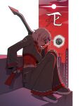  1girl black_jacket black_shoes bow cropped_jacket hair_bow highres jacket kira_(project_moon) knees_up limbus_company misg1111 project_moon purple_bow red_shirt scar scar_on_face shi_association_east_uniform shirt shoes short_hair sitting solo spoken_squiggle squiggle sweat white_hair 