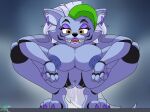animatronic anthro areola big_breasts black_nose blue_areola blue_nipples bodily_fluids breasts canid canine canis cheek_tuft colored_nails crouching ear_piercing eyelashes eyeshadow facial_markings facial_tuft female five_nights_at_freddy's five_nights_at_freddy's:_security_breach front_view genital_fluids genitals green_highlights grey_body hair head_markings hi_res highlights_(coloring) huge_breasts lipstick looking_at_viewer machine makeup mammal markings nails nipples nude piercing purple_eyeshadow purple_lipstick purple_nails robot roxanne_wolf scottgames sharp_teeth smile solo steel_wool_studios teeth thick_thighs toughtips tuft vaginal_fluids vulva white_hair wide_hips wolf yellow_eyes