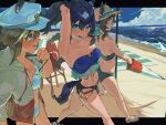 3girls absurdres animal_ears armpits bare_shoulders bikini blue_bikini blue_eyes blue_hair blue_jacket blush breasts brown_hair cheval_grand_(umamusume) cleavage closed_mouth collarbone commentary_request ear_covers ears_through_headwear green_bikini hair_between_eyes hat hat_belt highres horse_ears horse_girl horse_tail jacket letterboxed long_hair marbow_tomato medium_breasts multicolored_hair multiple_girls navel open_clothes open_jacket open_mouth ponytail sandals smile stomach streaked_hair sun_hat sunglasses swimsuit tail towel tying_hair umamusume v_sisters verxina_(umamusume) vivlos_(umamusume) white_bikini white_hair white_hat 