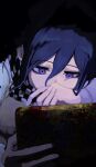  1boy absurdres black_background black_hair checkered_clothes checkered_scarf covered_mouth danganronpa_(series) danganronpa_v3:_killing_harmony dark flipped_hair hair_between_eyes highres holding holding_tablet_pc long_sleeves lying male_focus oguma_(ogm) on_stomach purple_eyes sad scarf screen_light short_hair solo tablet_pc two-tone_scarf 