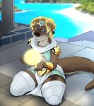 2026 anthro beach blue_eyes blue_water brown_body brown_fur clothed clothed_male clothing colored column day dragon_quest fur hi_res inside kneeling male mammal mustelid otter otter_tail pandottermon parker_(pandottermon) pillar sea solo square_enix stairs water